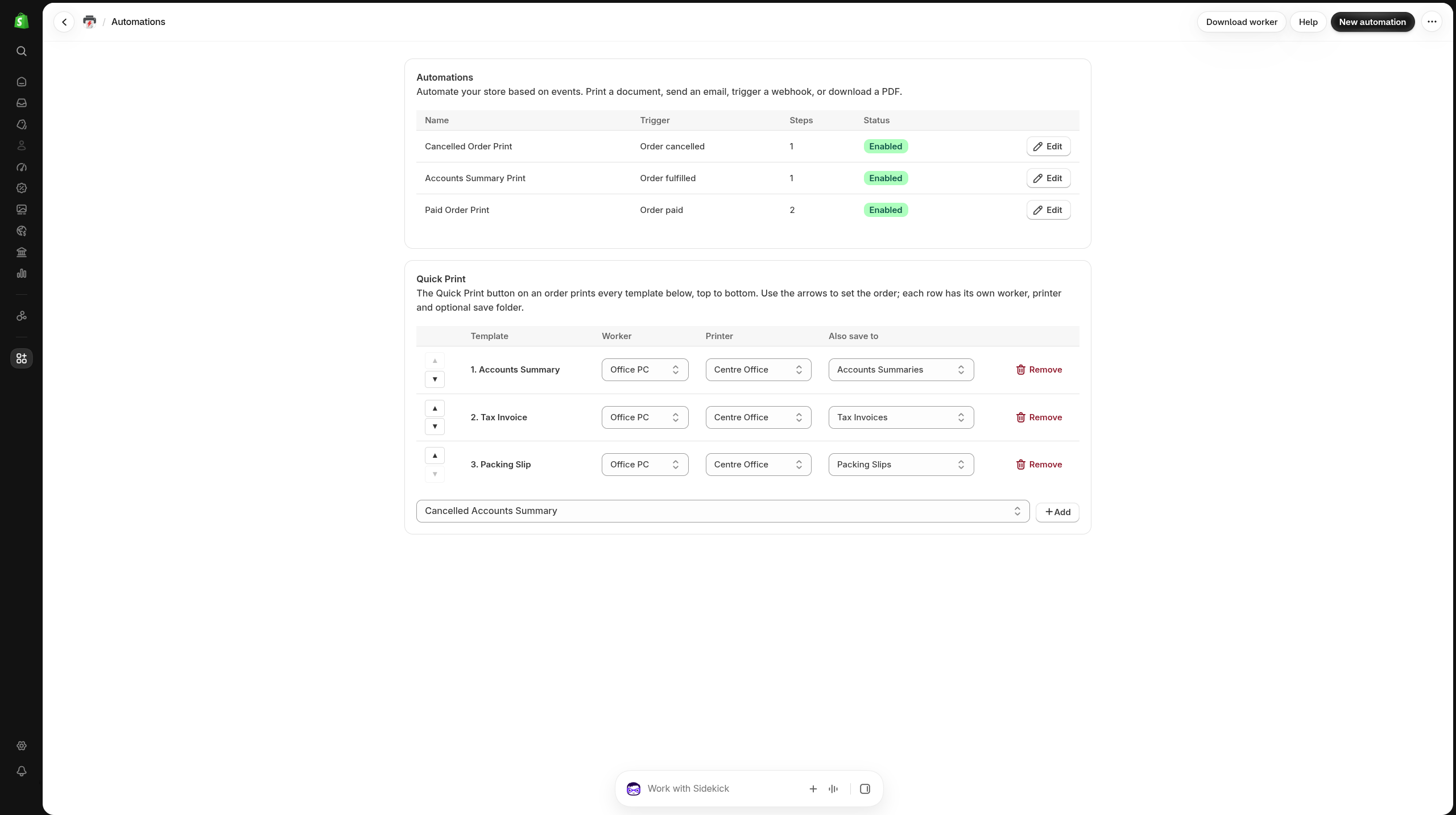 The FlowPrint Automations screen inside the Shopify admin: a grid of real automations such as printing packing slips on order payment and emailing refund summaries, each card showing its trigger, enabled state and step count.