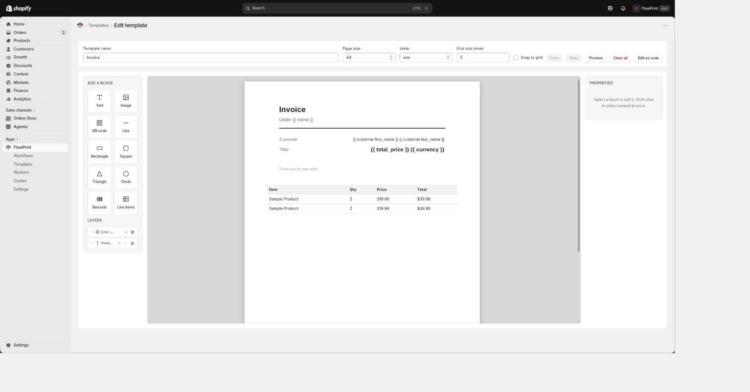 The FlowPrint visual template editor with an invoice open: a block palette on the left, the A4 page in the centre showing customer, total and a line-items table, and a properties panel on the right.
