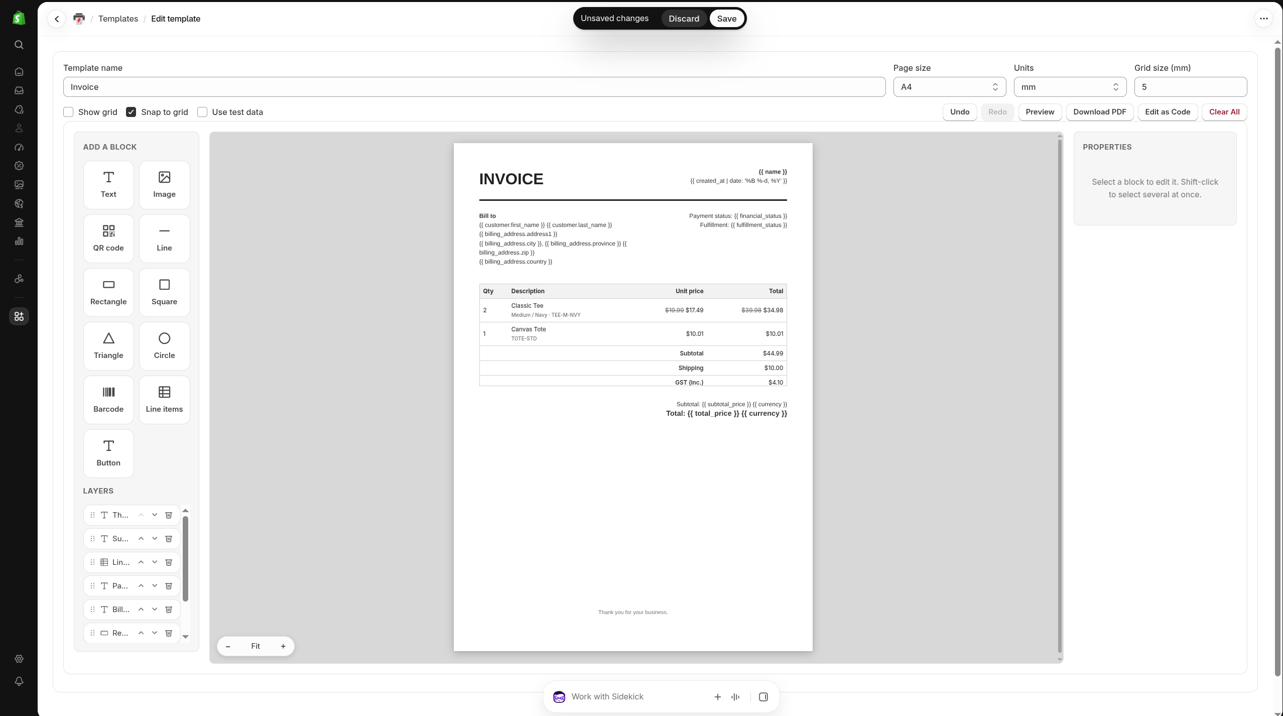 The FlowPrint visual template editor with an invoice open: a block palette on the left, the A4 page in the centre showing customer, total and a line-items table, and a properties panel on the right.